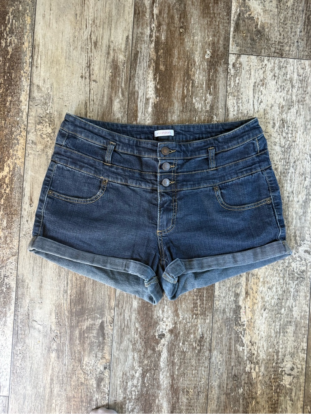 2 for $15 sale: Xhiliration dark Cuffed Denim Shorts - wide triple button waist
